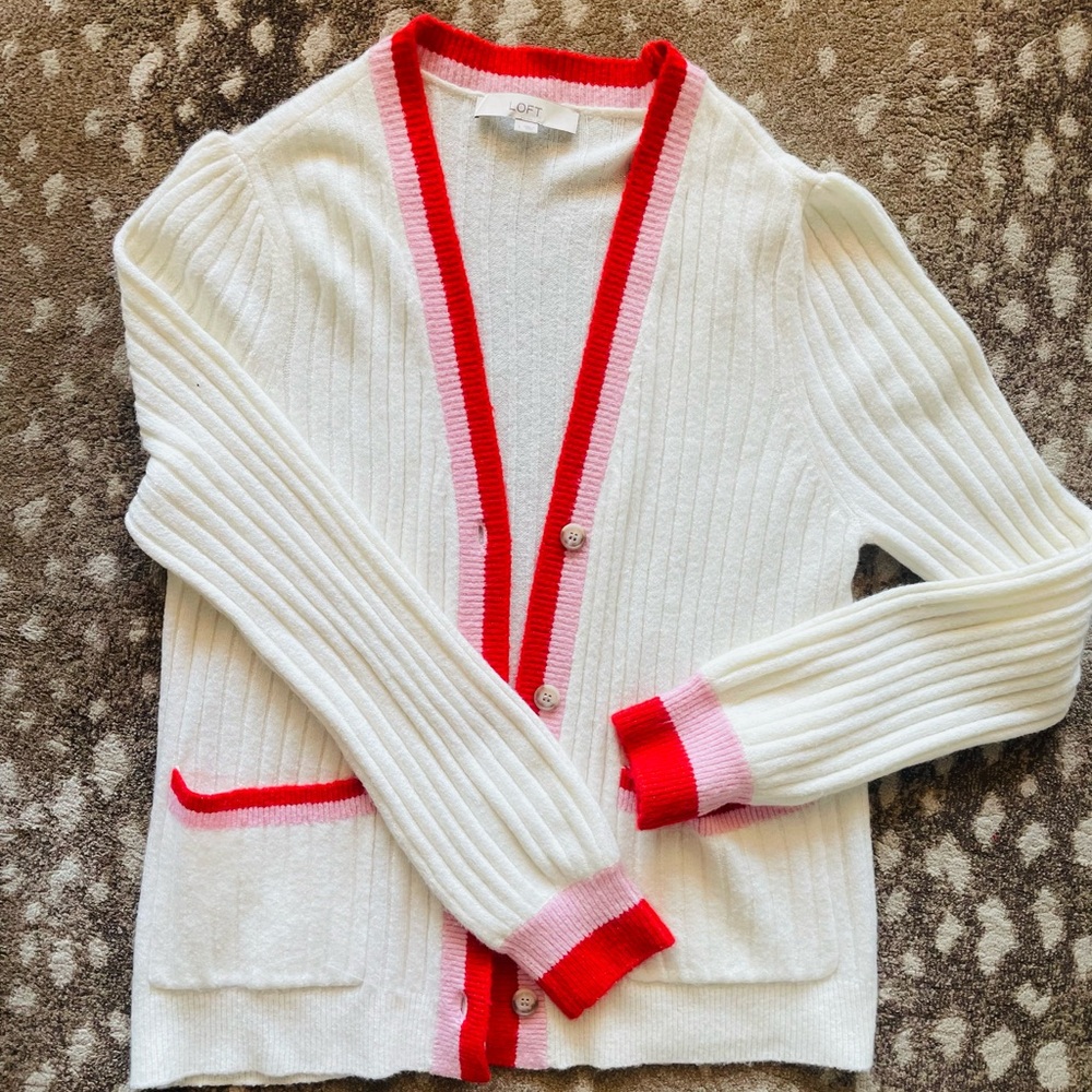 LOFT White Cardigan with Pink and Red Trim